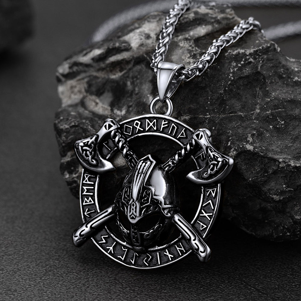 FaithHeart Viking Axe Helmet Pendant Necklace For Men With Runes FaithHeart