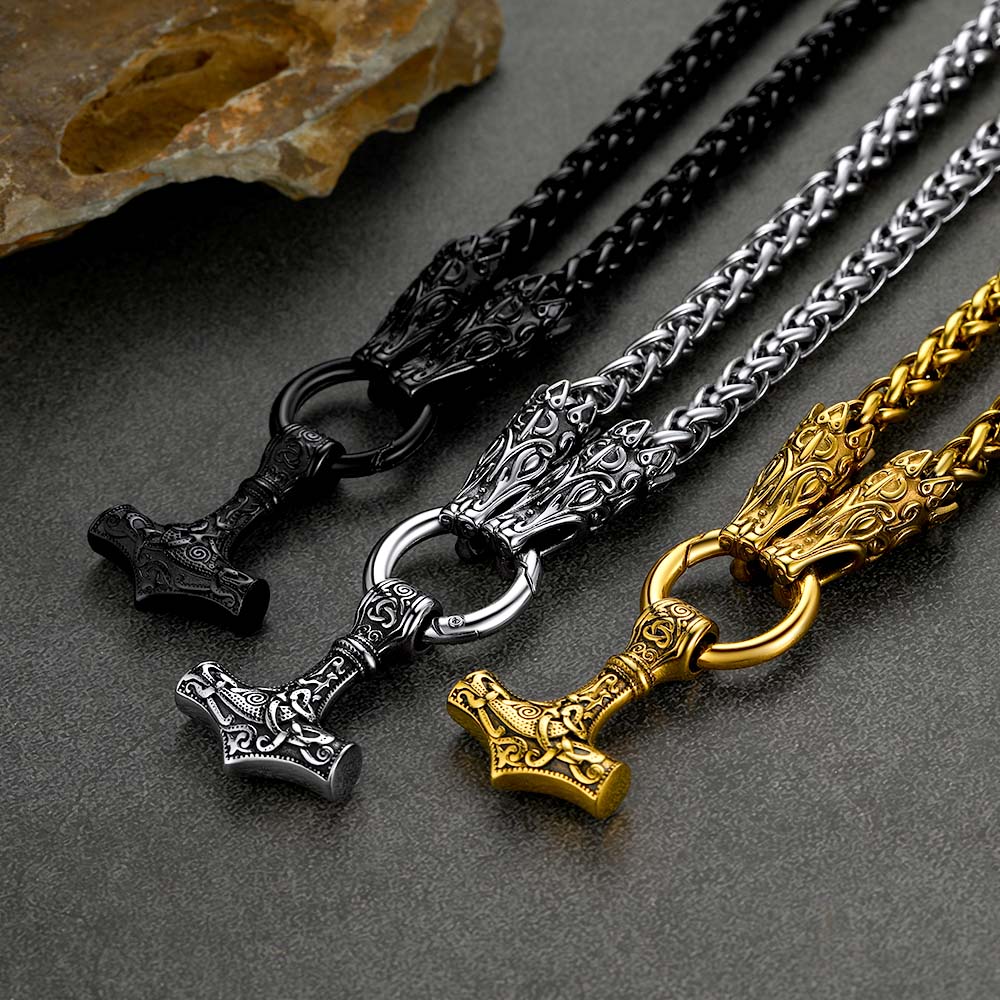 FaithHeart Viking Thor's Hammer Mjolnir Necklace For Men With Wolf Chain FaithHeart