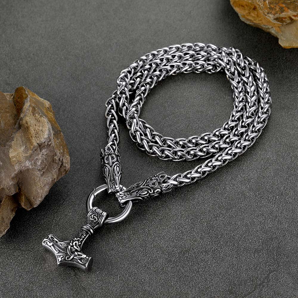 FaithHeart Viking Thor's Hammer Mjolnir Necklace For Men With Wolf Chain FaithHeart