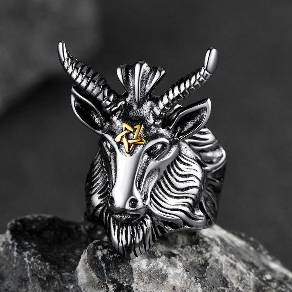 FaithHeart Satanic Baphomet Goat Ring For Men With Pentagram FaithHeart