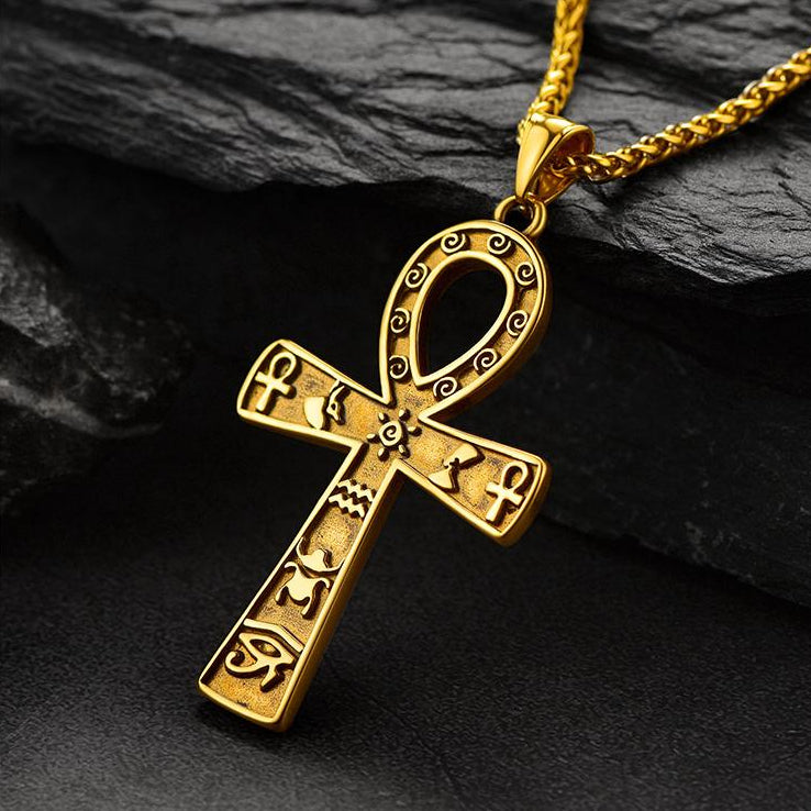 FaithHeart Egyptian Ankh Cross Pendant Necklace With Hieroglyphic For Men FaithHeart