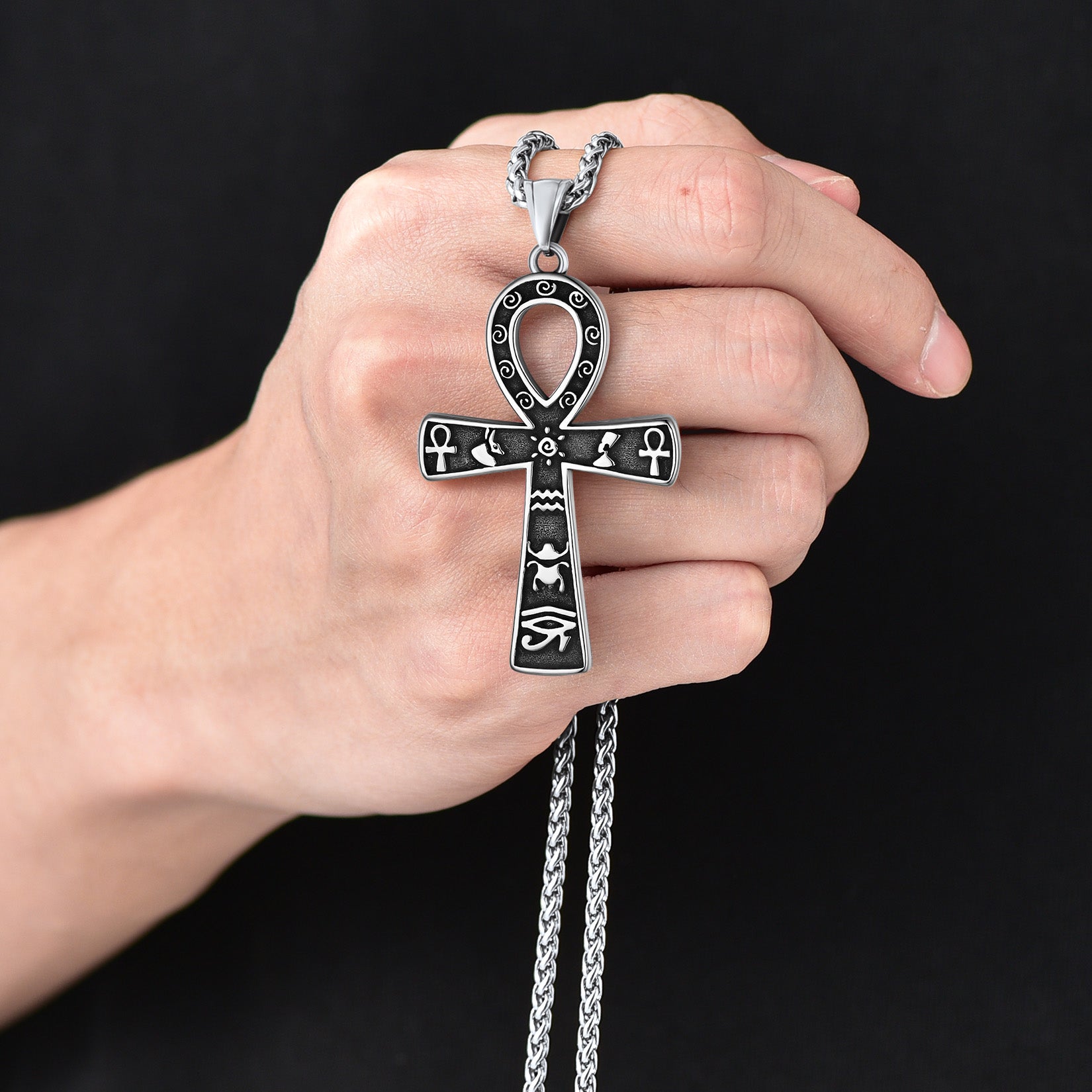 FaithHeart Egyptian Ankh Cross Pendant Necklace With Hieroglyphic For Men FaithHeart