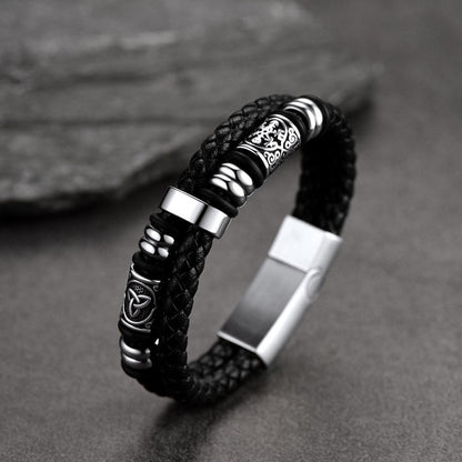 FaithHeart Viking Black Leather Braided Wristband Bracelet for Men FaithHeart