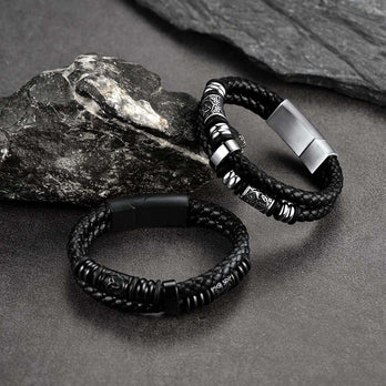 FaithHeart Viking Black Leather Braided Wristband Bracelet for Men FaithHeart