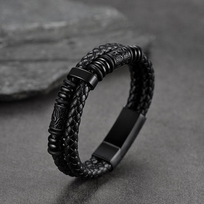 FaithHeart Viking Black Leather Braided Wristband Bracelet for Men FaithHeart