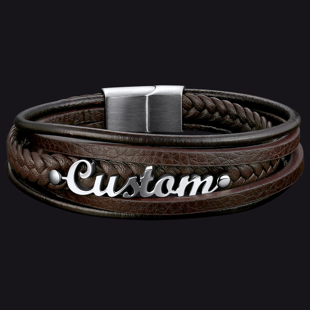 Custom Clasp Braided Leather Wristband Bracelet Son Dad