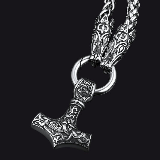 FaithHeart Viking Thor's Hammer Mjolnir Necklace For Men With Wolf Chain FaithHeart