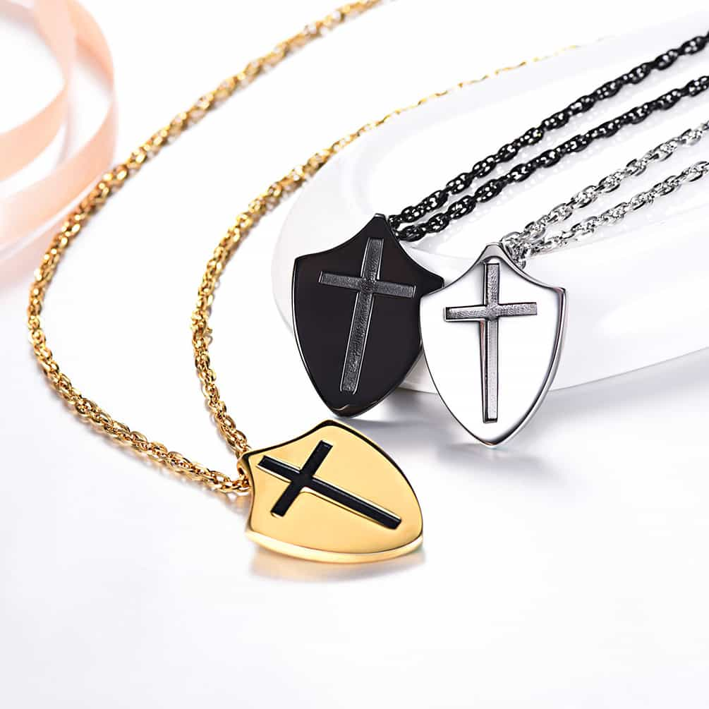 FaithHeart Christian Cross Shield Pendant Necklace with Ephesians 6:10 for Men FaithHeart