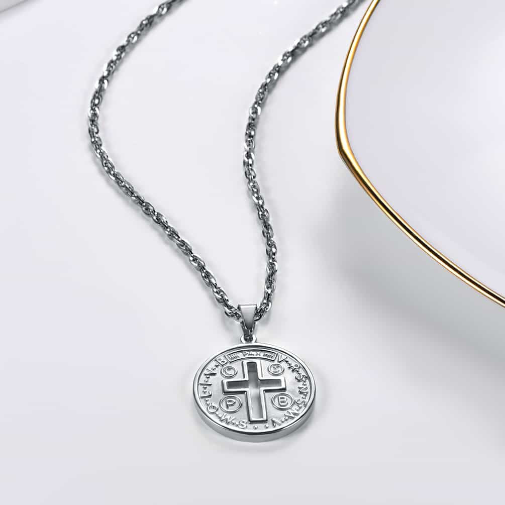 FaithHeart Stainless Steel Saint Benedict Cross Medal Necklace FaithHeart