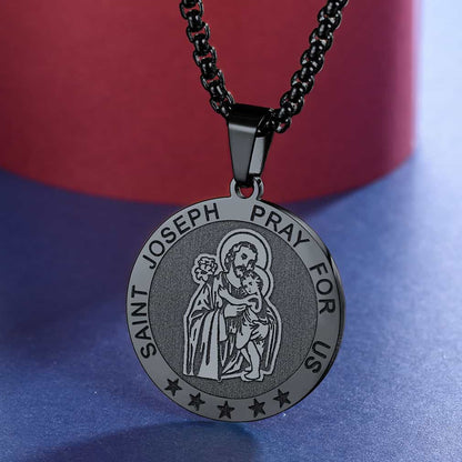FaithHeart Engraved Round Saint Joseph Pendant Catholic Necklace FaithHeart