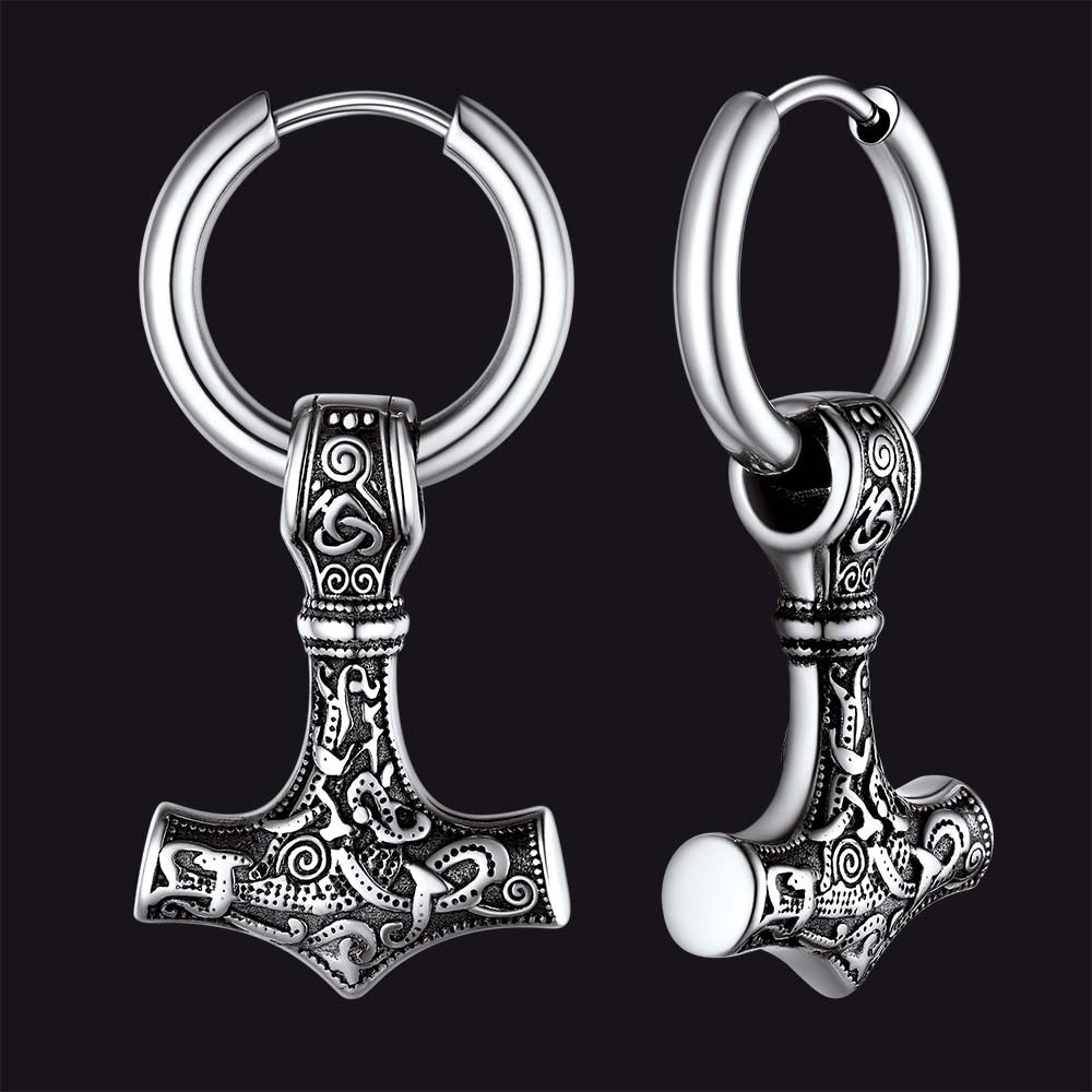 Viking Thors Hammer Mjolnir Dangle Hoop Earrings