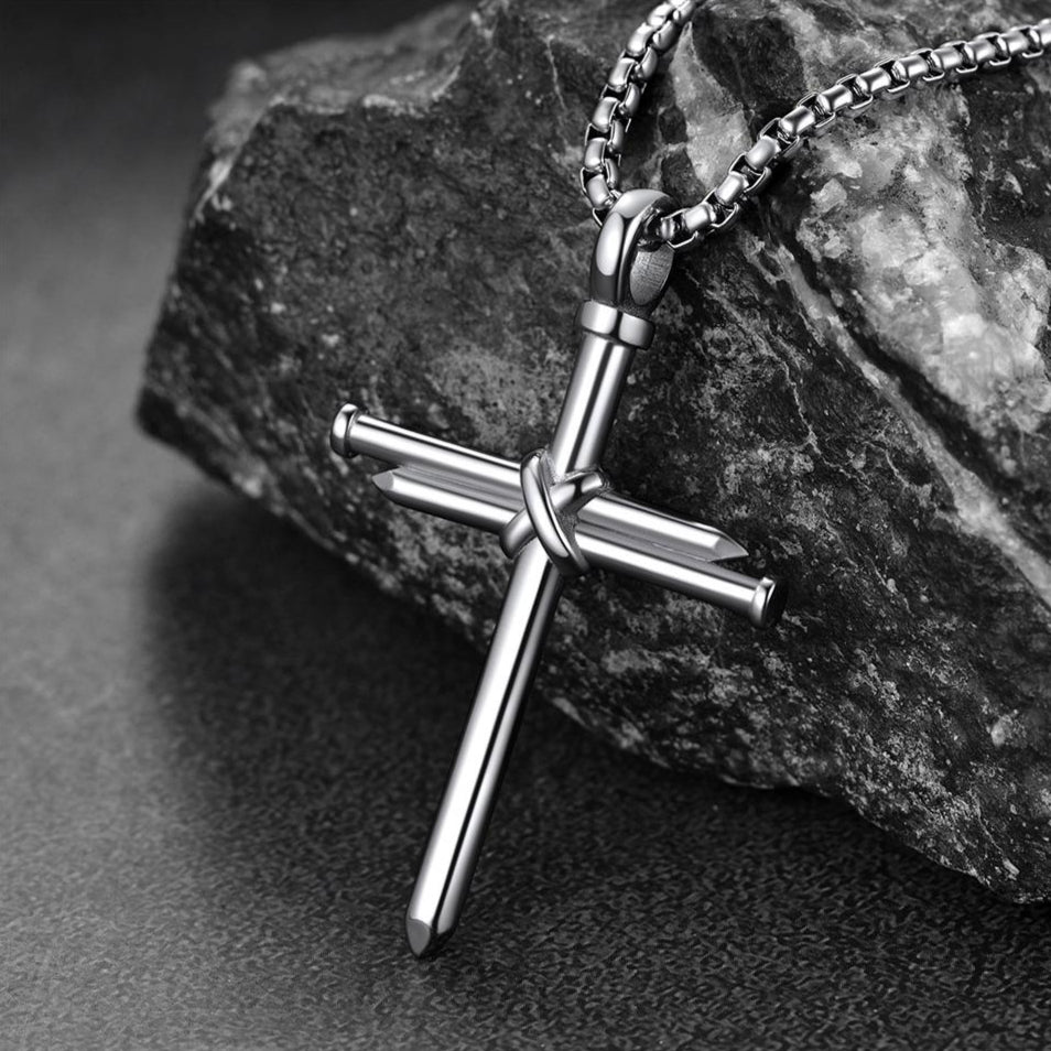Christian Nail Cross Pendant Necklace For Men Silver Stainless Steel