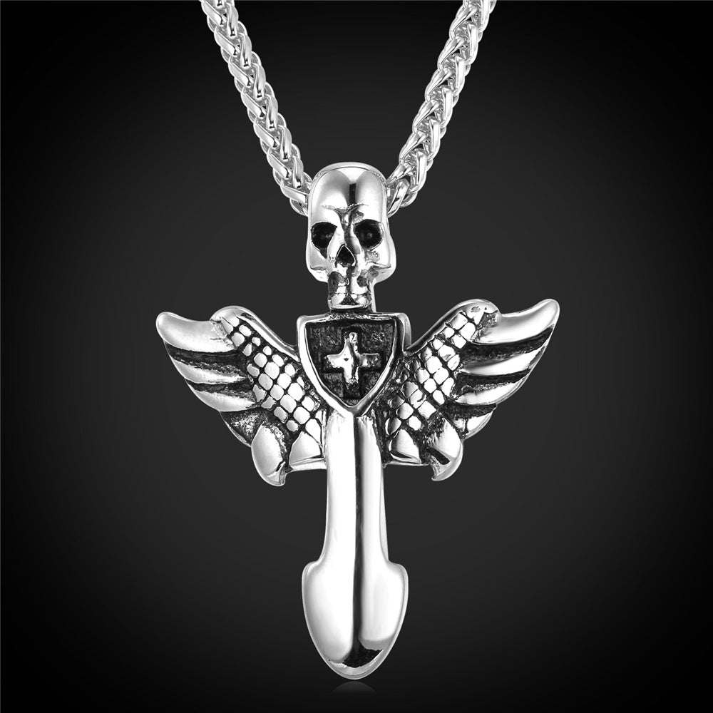 Gothic Skull Cross Necklace Wing