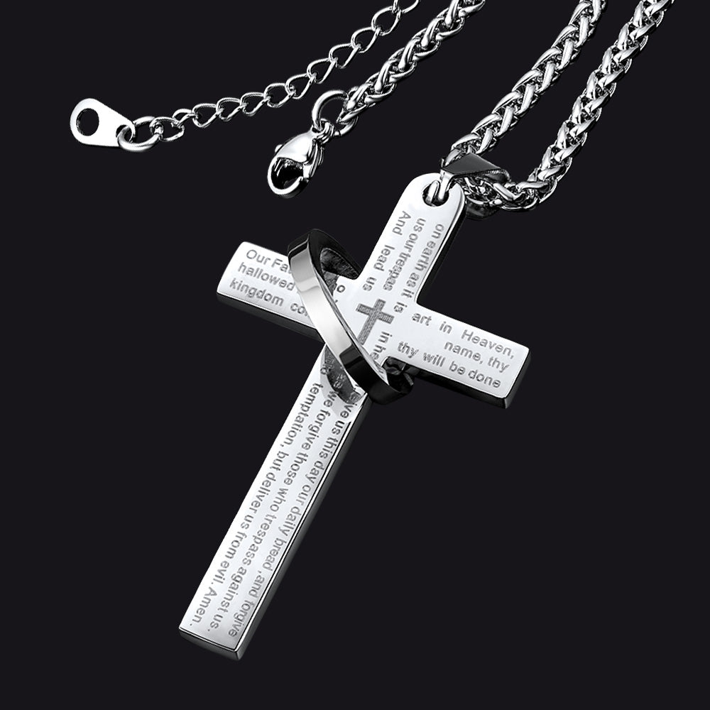 FaithHeart Lord's Prayer Cross Necklace For Men With Halo Ring FaithHeart