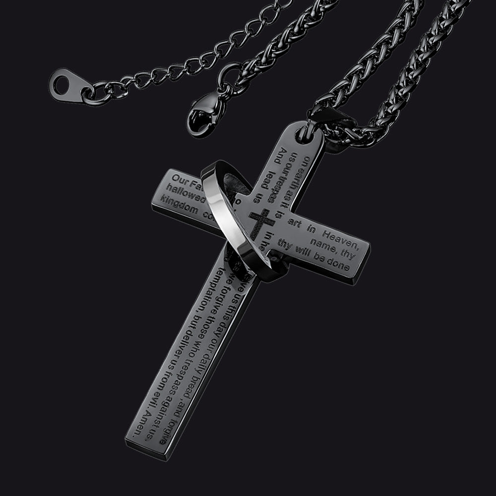 FaithHeart Lord's Prayer Cross Necklace For Men With Halo Ring FaithHeart