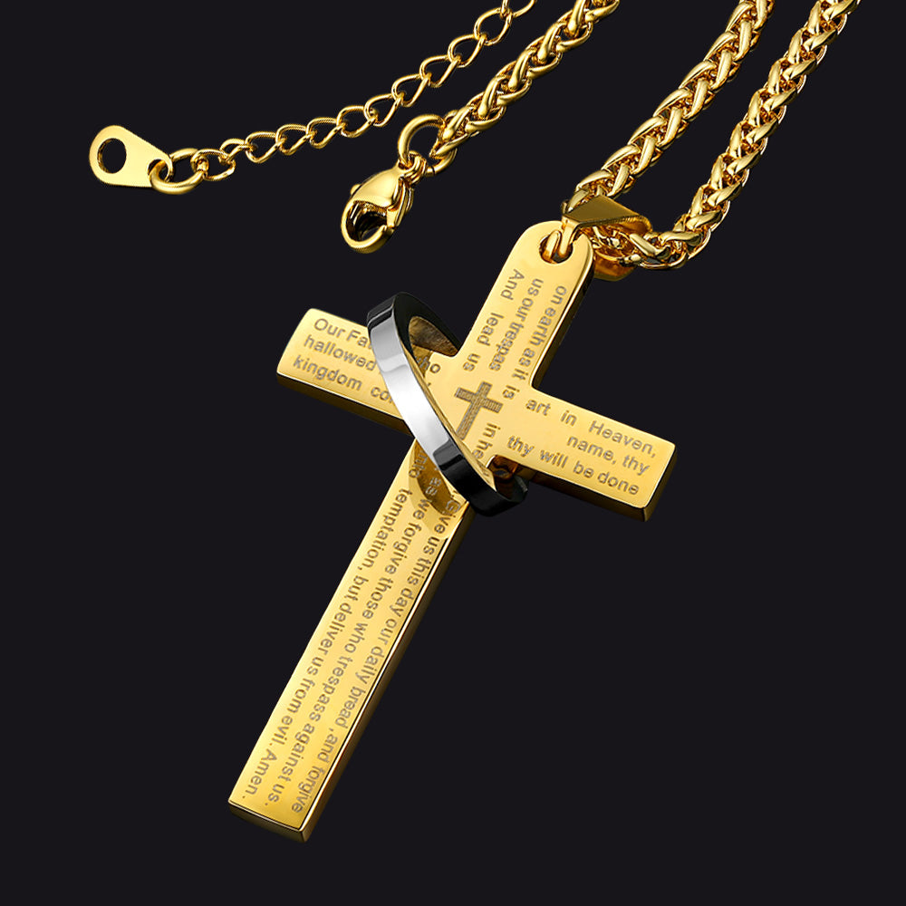 FaithHeart Lord's Prayer Cross Necklace For Men With Halo Ring FaithHeart