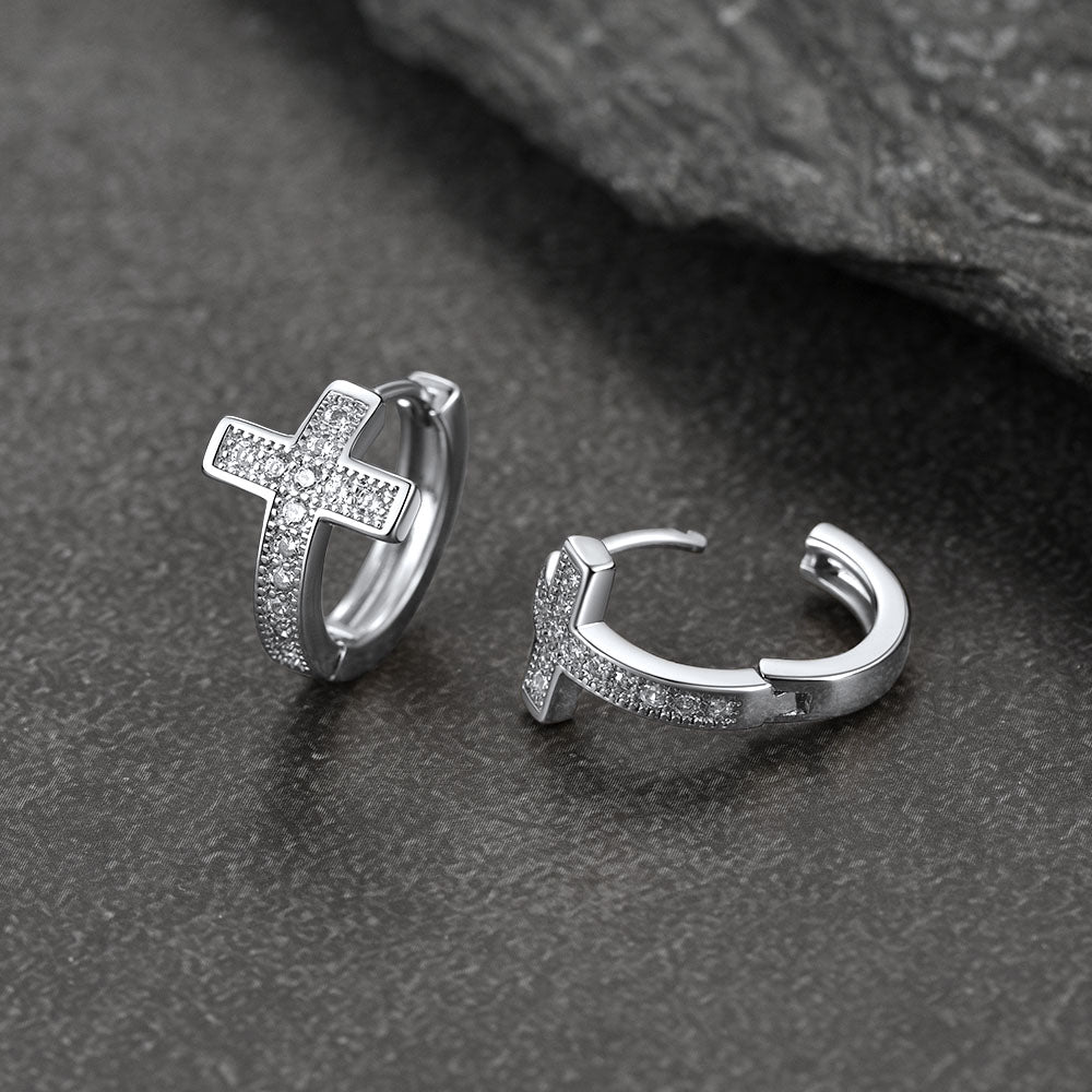 FaithHeart Cubic Zirconia Cross Hoop Earrings For Men FaithHeart