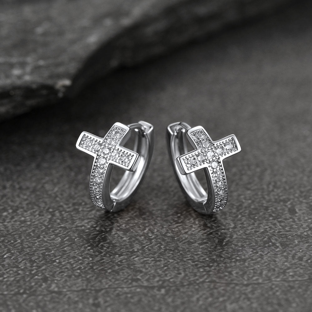 FaithHeart Cubic Zirconia Cross Hoop Earrings For Men FaithHeart
