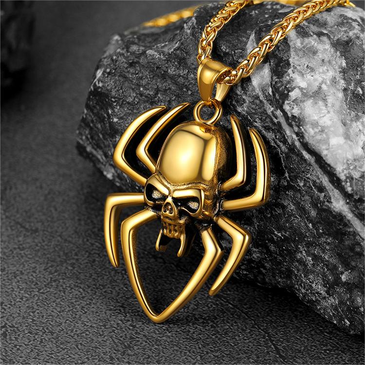 FaithHeart Gothic Skull Spider Necklace For Men Stainless Steel FaithHeart