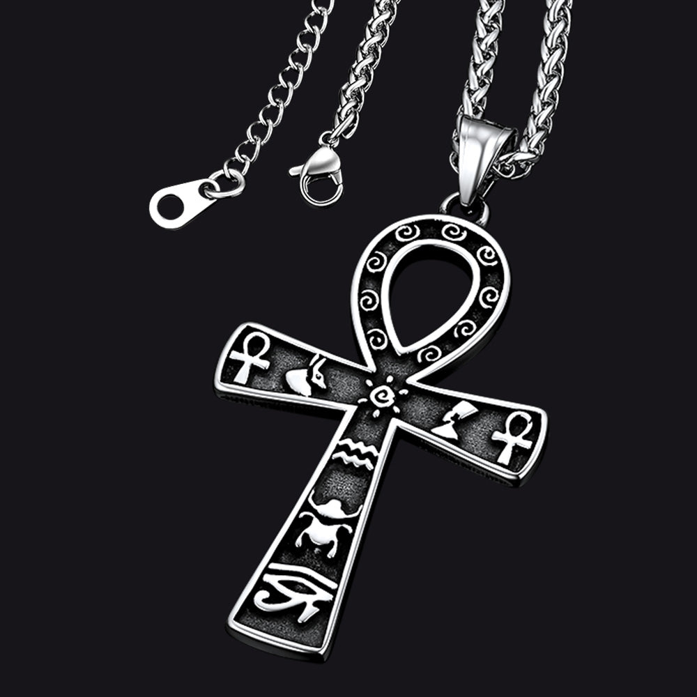 FaithHeart Egyptian Ankh Cross Pendant Necklace With Hieroglyphic For Men FaithHeart