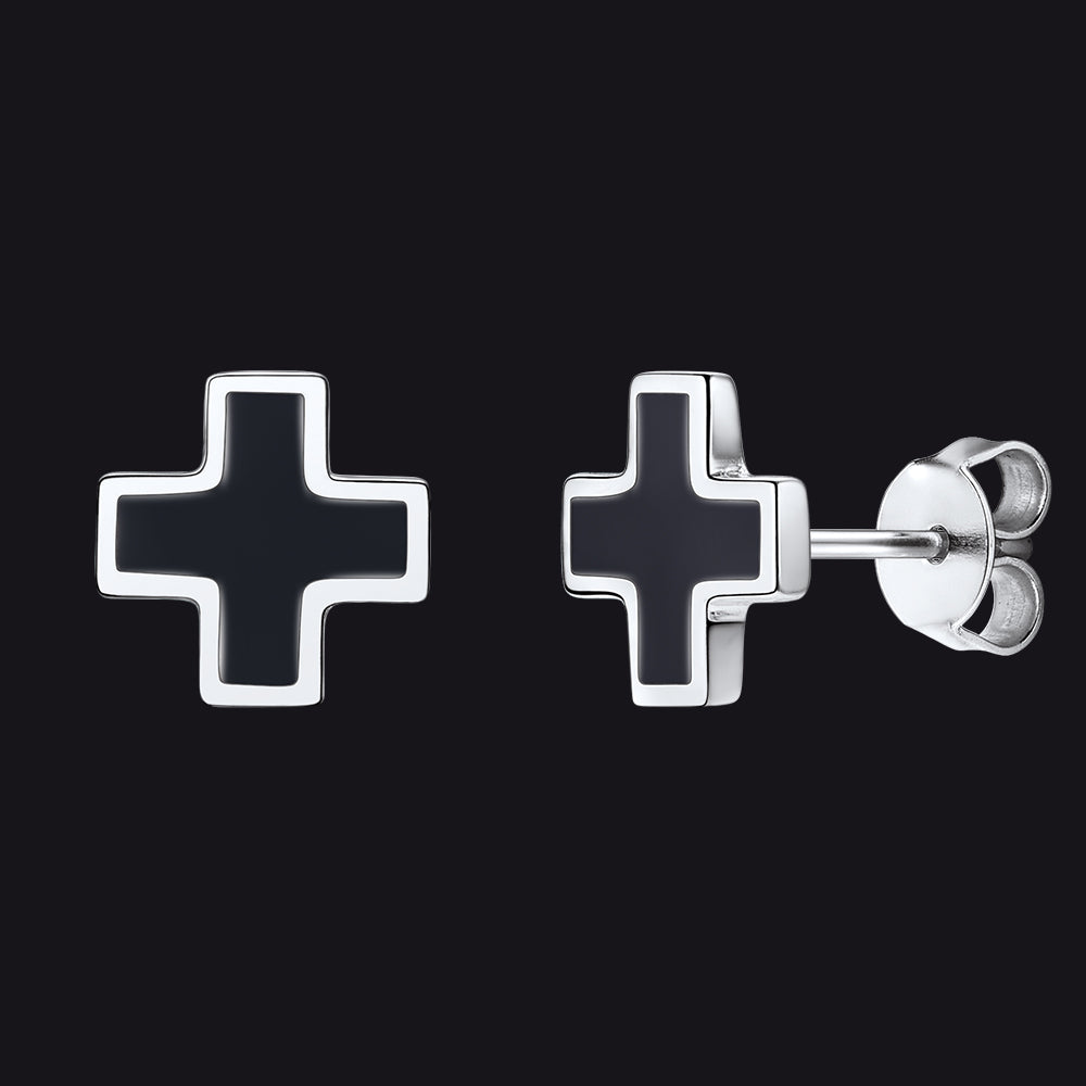 FaithHeart Sterling Silver Black Cross Stud Earrings For Men FaithHeart