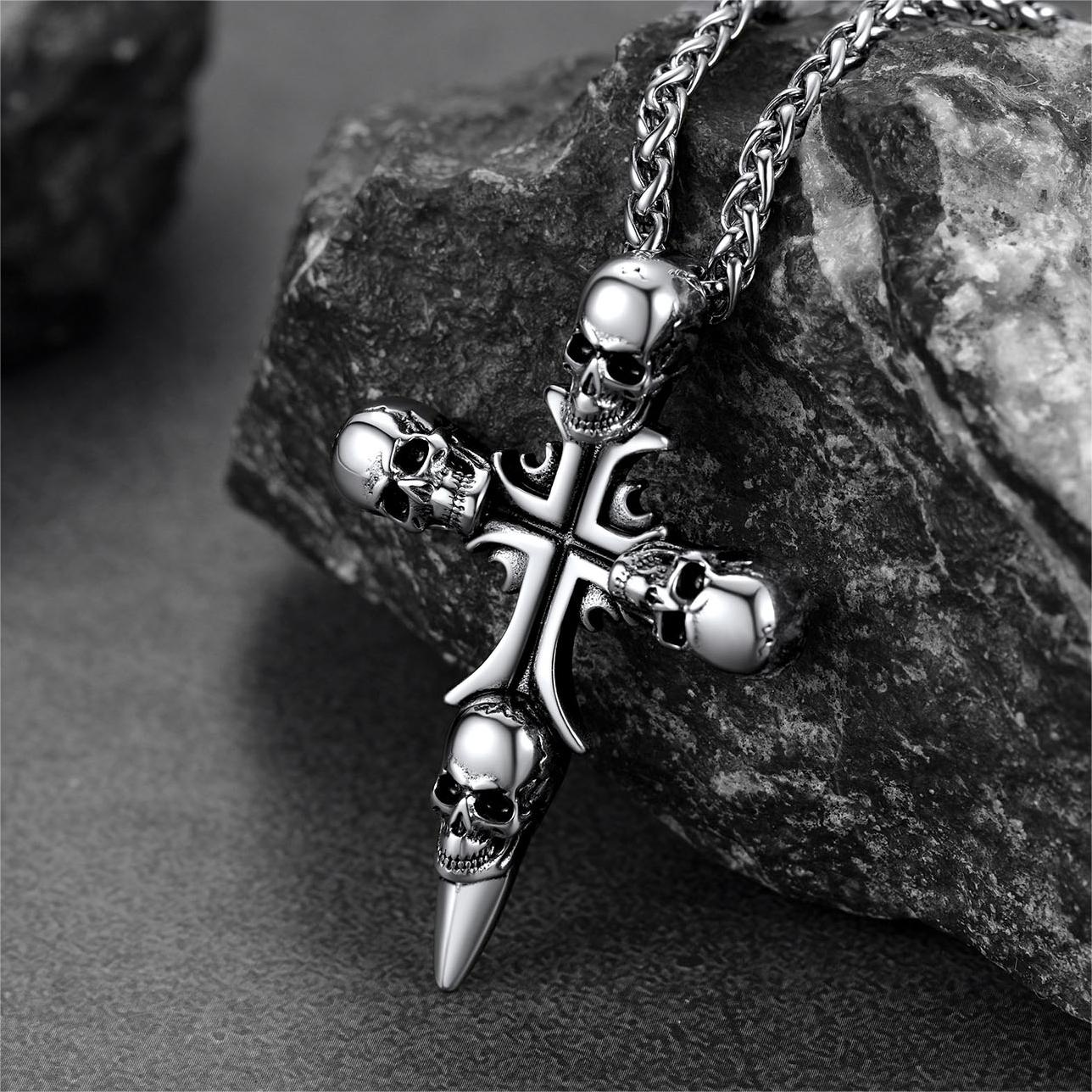 FaithHeart Vintage Skull Cross Necklace For Men Stainless Steel FaithHeart