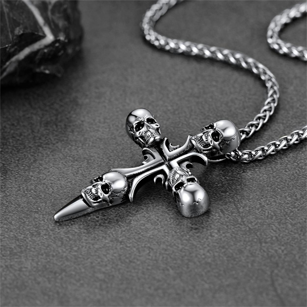 FaithHeart Vintage Skull Cross Necklace For Men Stainless Steel FaithHeart