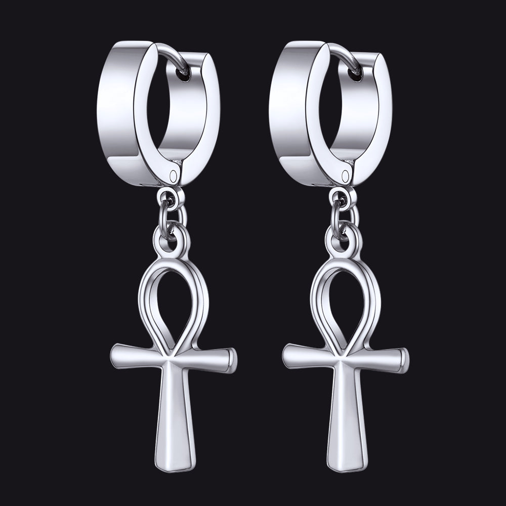 FaithHeart Ankh Cross Huggie Hoop Earrings for Men FaithHeart