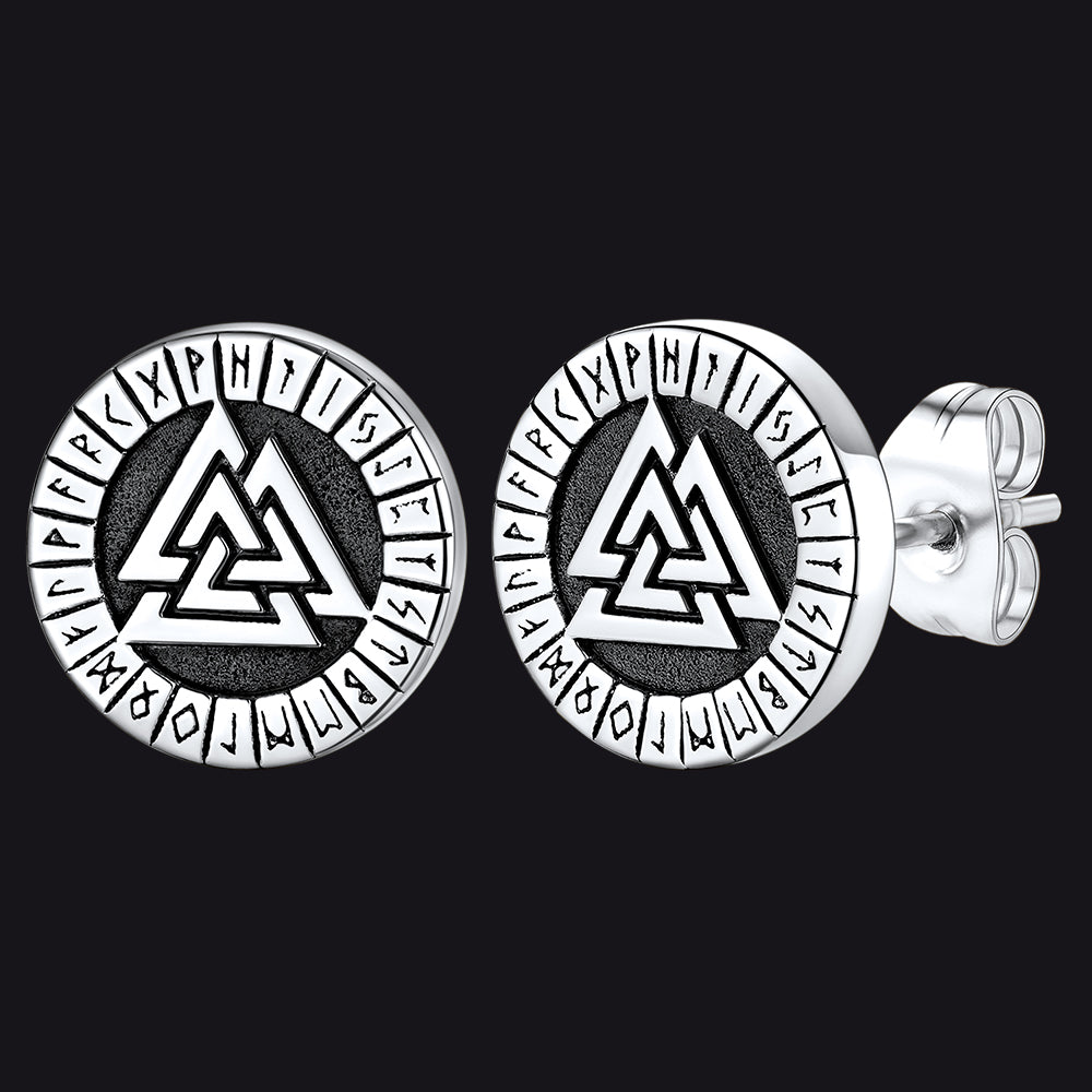 FaithHeart Viking Valknut Black Stud Earrings For Men With Runes FaithHeart