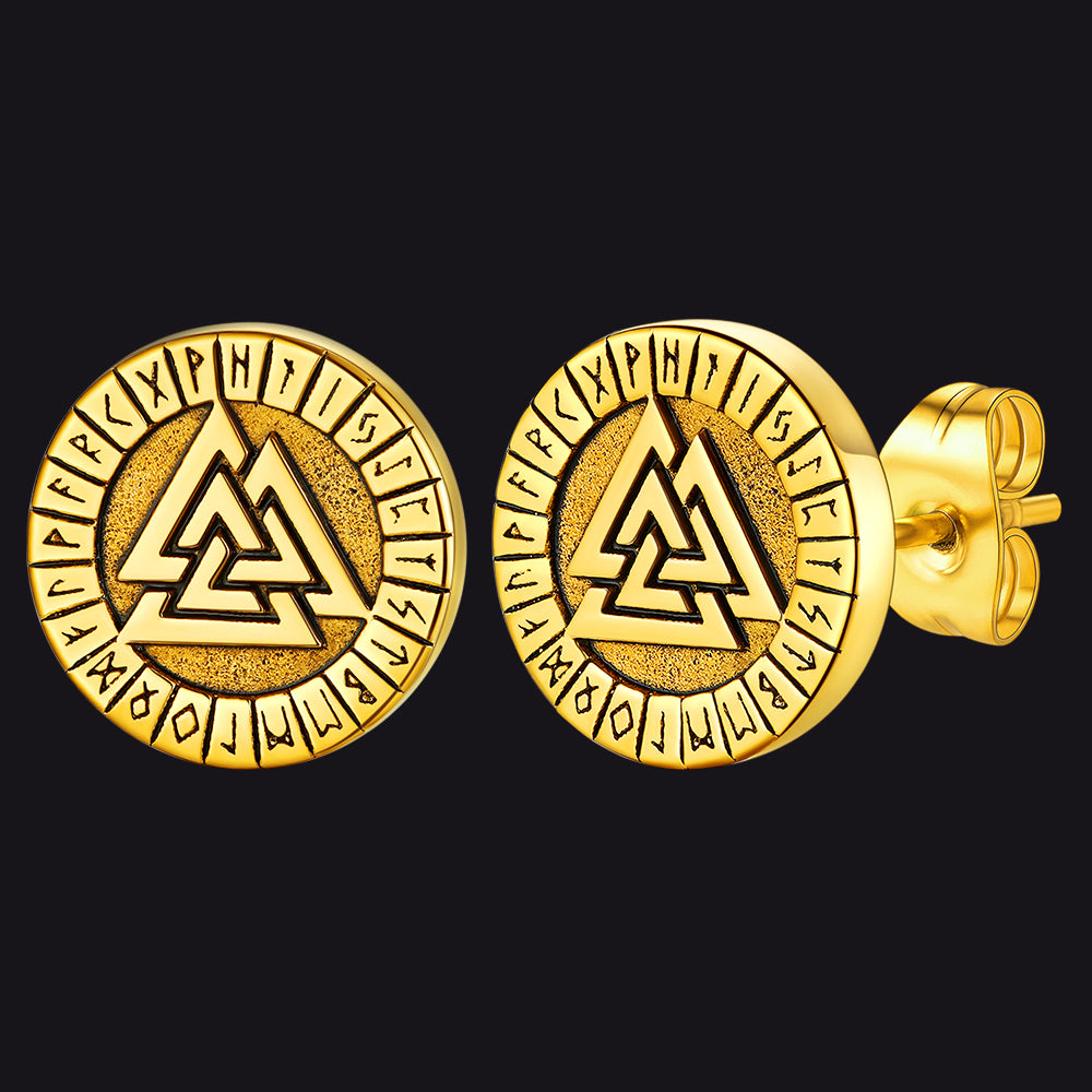 FaithHeart Viking Valknut Black Stud Earrings For Men With Runes FaithHeart