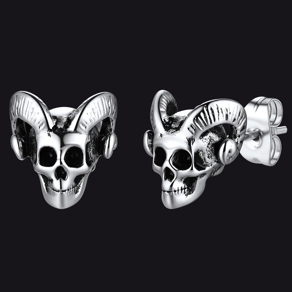 Satanic Baphomet Goat Skull Head Stud Earrings