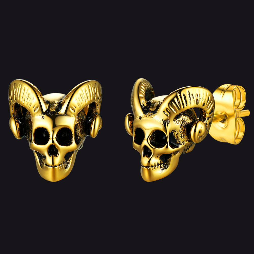 FaithHeart Satan Baphomet Goat Skull Head Stud Earrings For Men FaithHeart