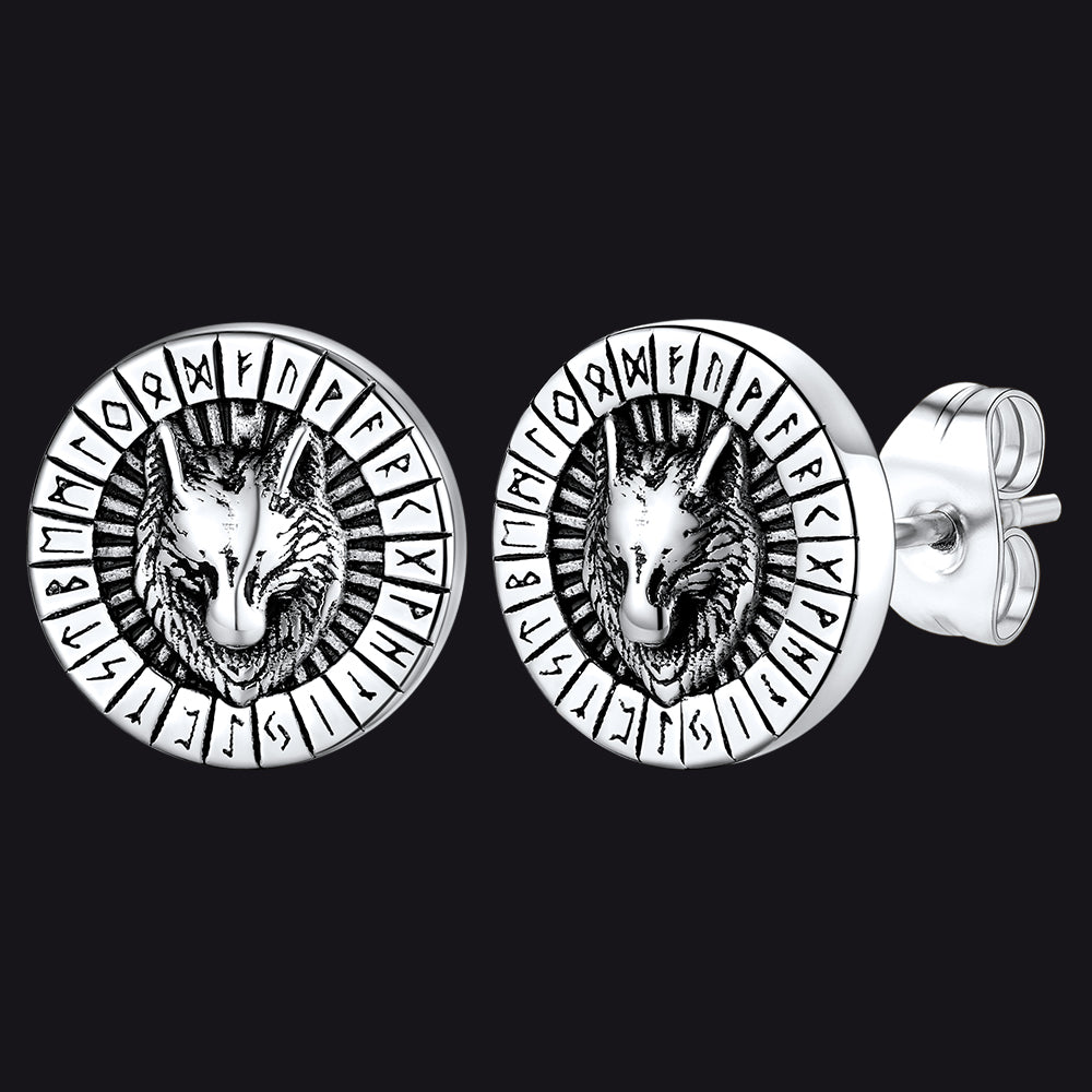 FaithHeart Viking Wolf Head Stud Earrings with Runes For Men FaithHeart
