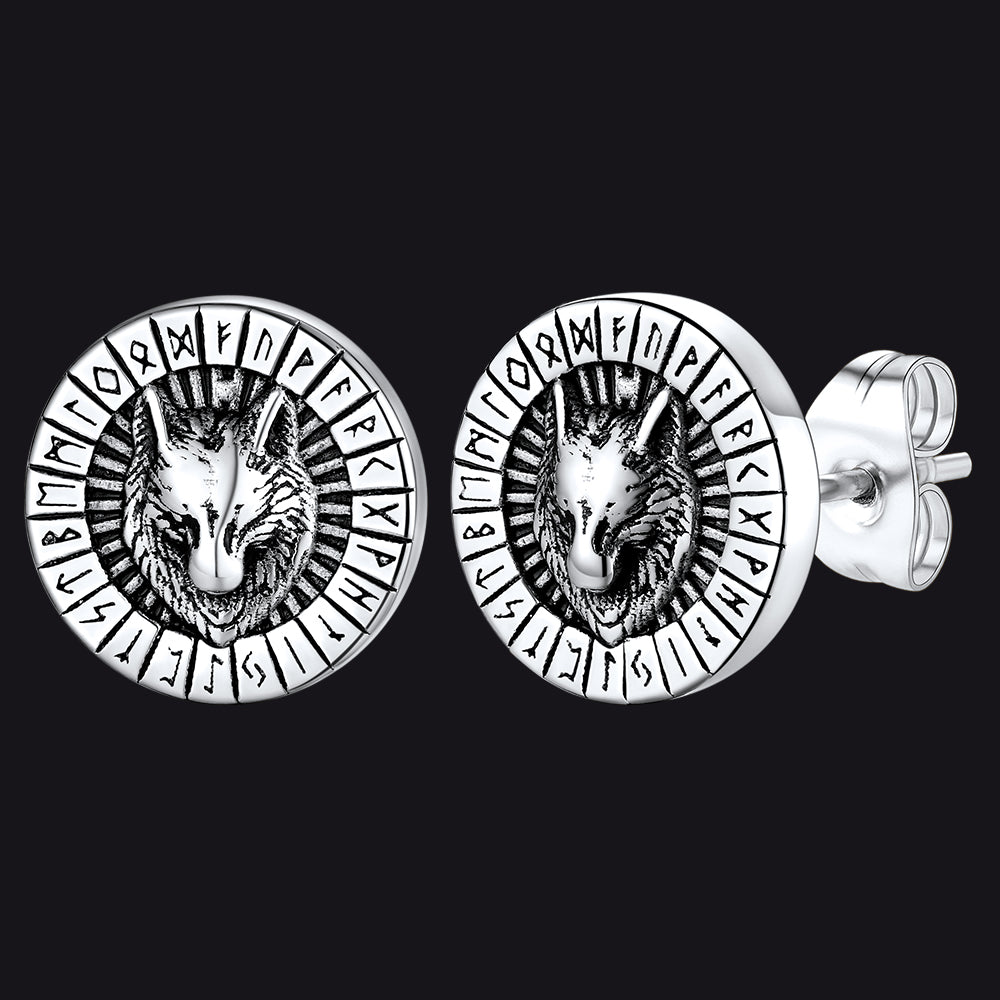 Viking Wolf Head Stud Earrings Runes