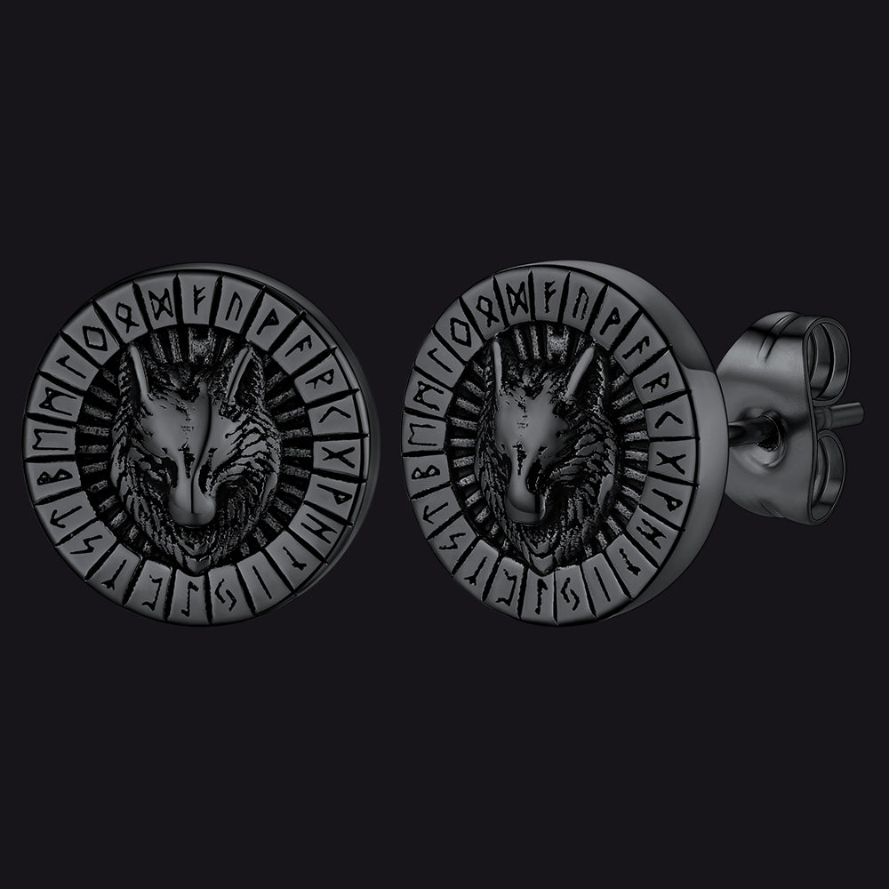 FaithHeart Viking Wolf Head Stud Earrings with Runes For Men FaithHeart