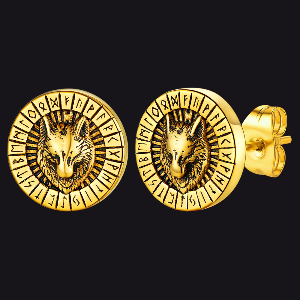 FaithHeart Viking Wolf Head Stud Earrings with Runes For Men FaithHeart