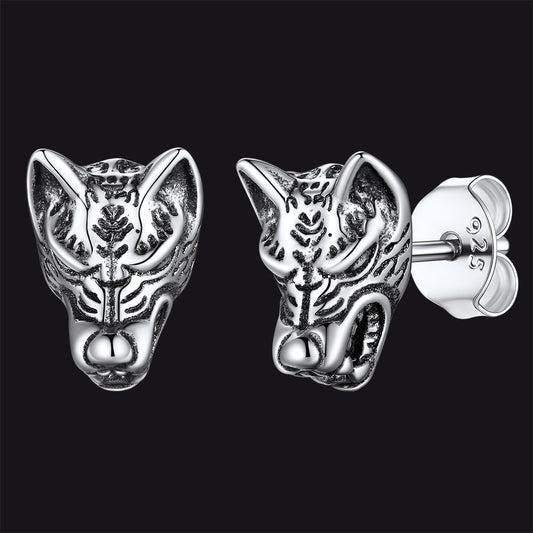 FaithHeart Sterling Silver Viking Wolf Stud Earrings For Men FaithHeart