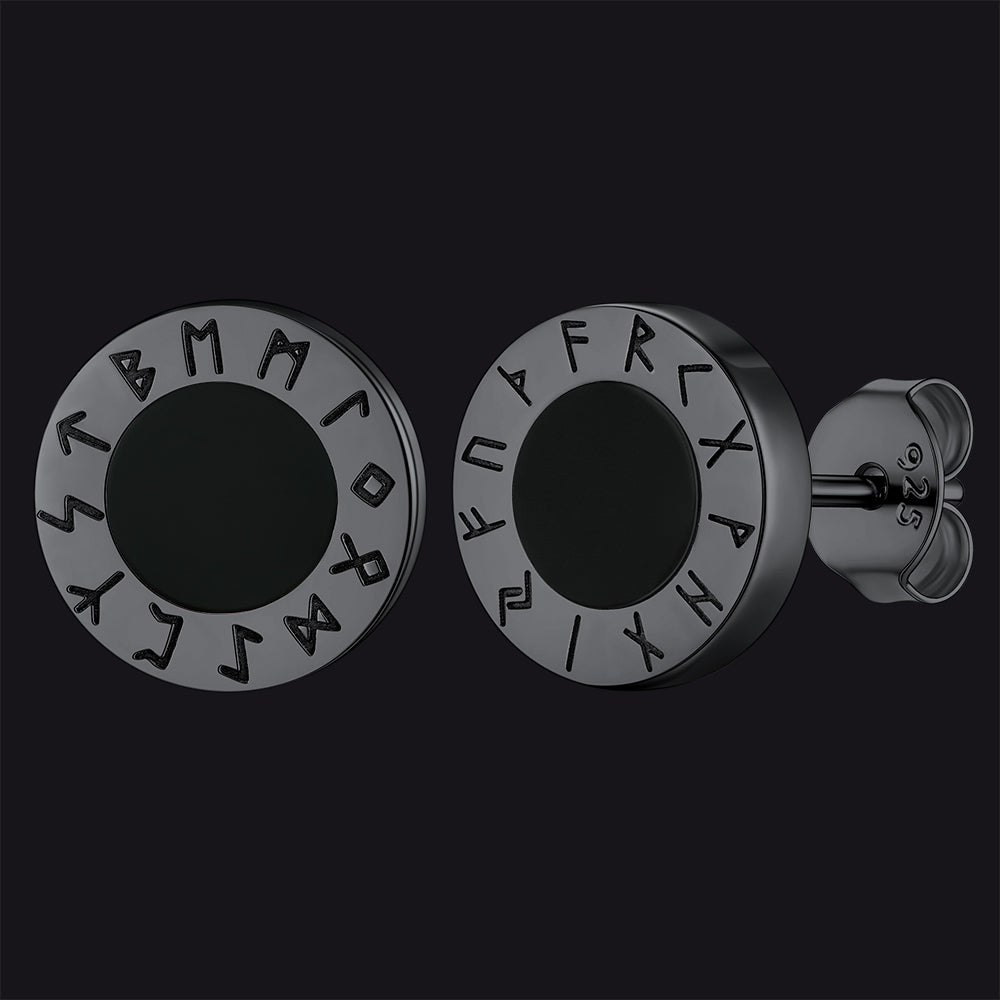 FaithHeart Black Onyx Stud Earrings With Viking Runes in Sterling Silver FaithHeart