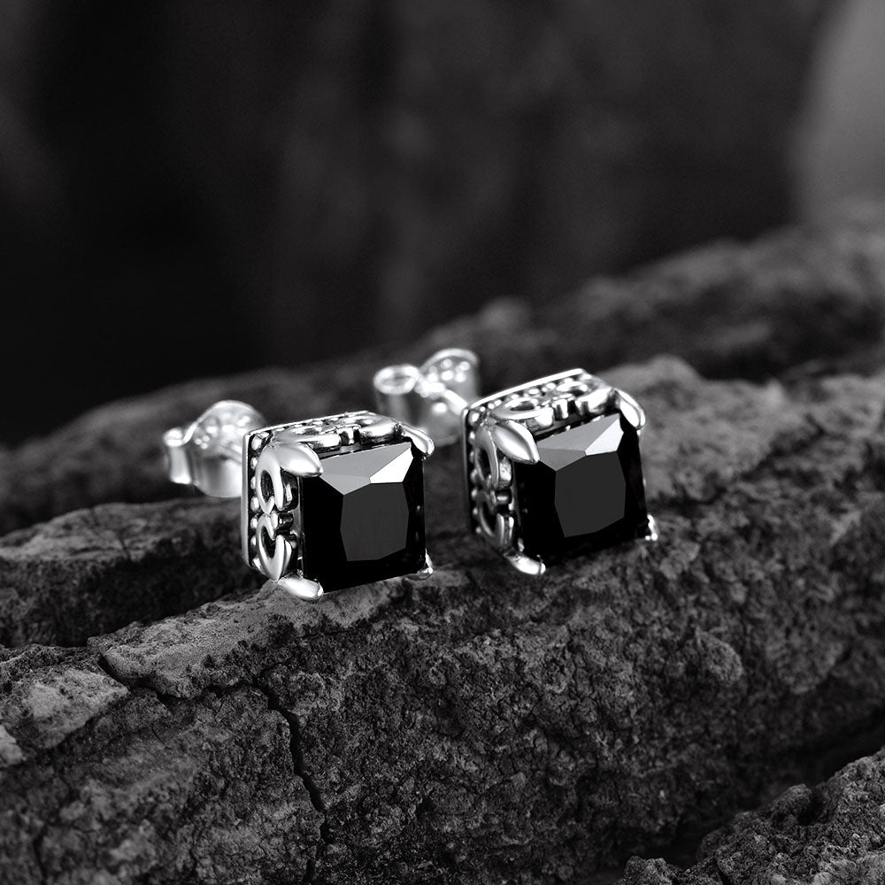 FaithHeart S925 Black Celtic Gemstone Stud Earrings for Men FaithHeart