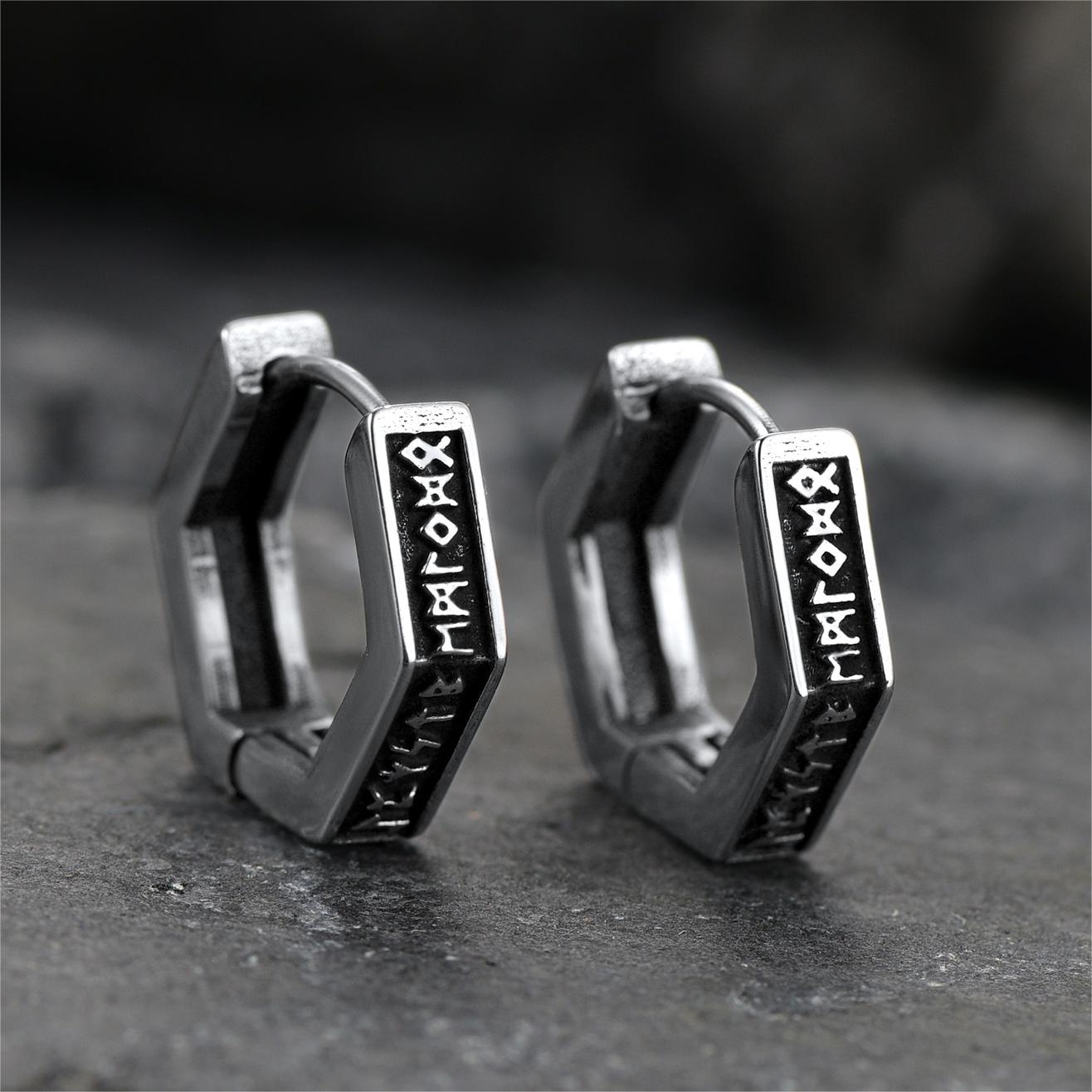 FaithHeart Viking Hexagon Runes Hoop Earrings For Men FaithHeart