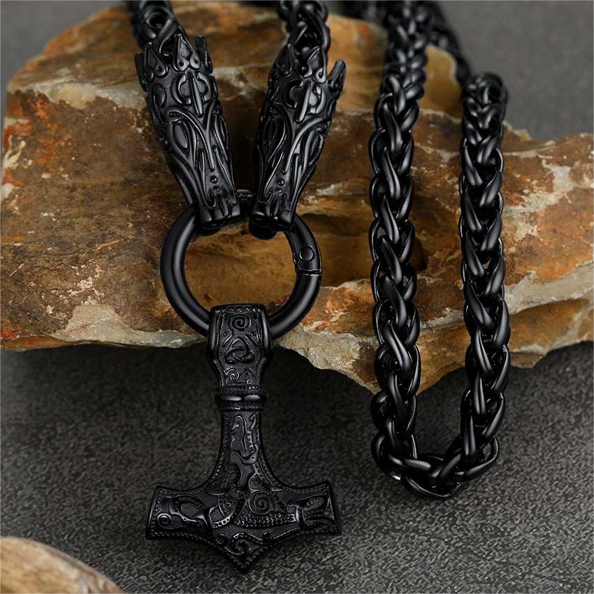 FaithHeart Viking Thor's Hammer Mjolnir Necklace For Men With Wolf Chain FaithHeart