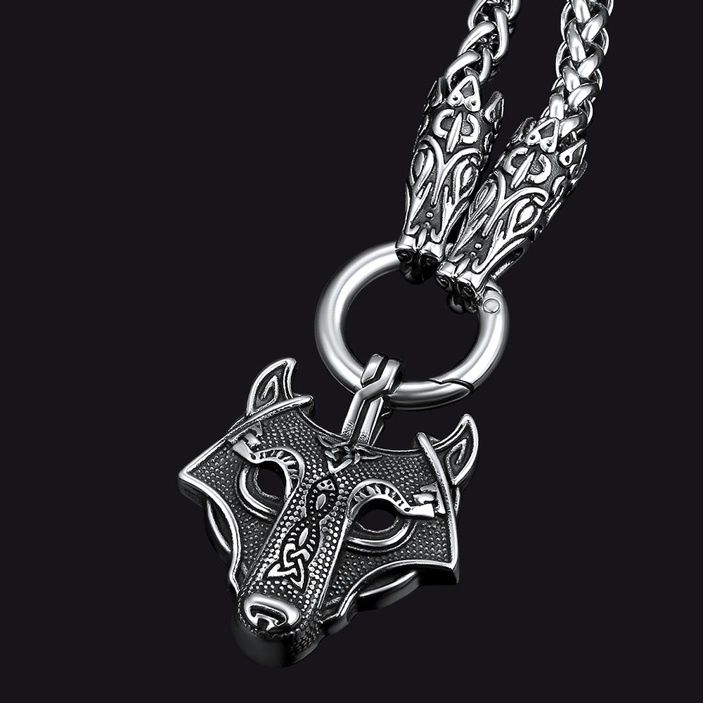 Viking Wolf Pendant Necklace Wolf Rope Chain