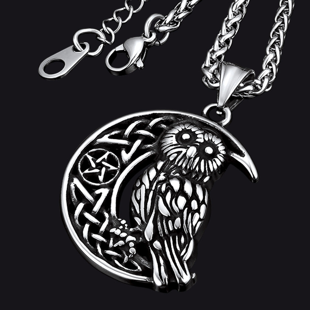 FaithHeart Viking Celtic Crescent Moon Owl Necklace for Men FaithHeart