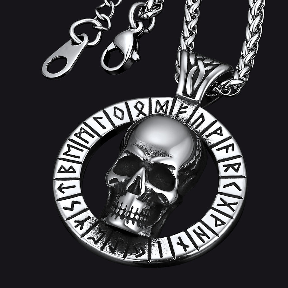 FaithHeart Gothic Skull Necklace For Men With Viking Runes FaithHeart