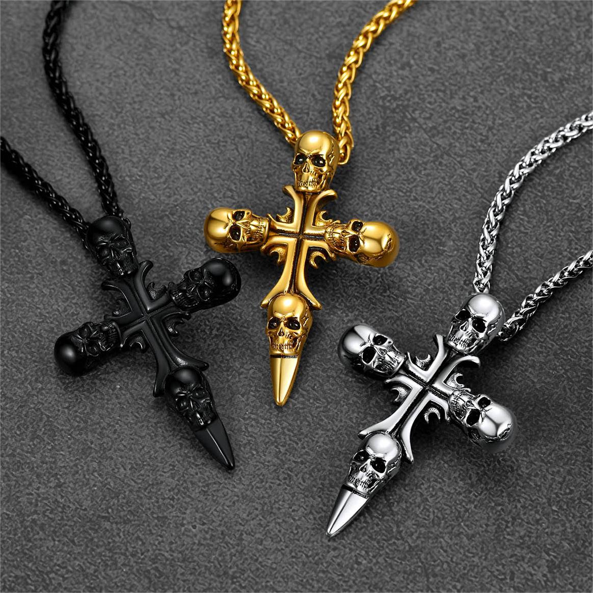 FaithHeart Vintage Skull Cross Necklace For Men Stainless Steel FaithHeart