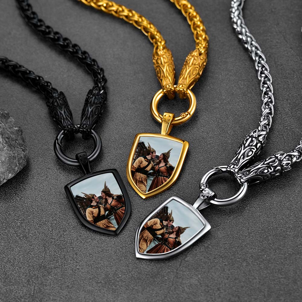 FaithHeart Custom Picture Shield Necklace with Wolf Chain for Men FaithHeart