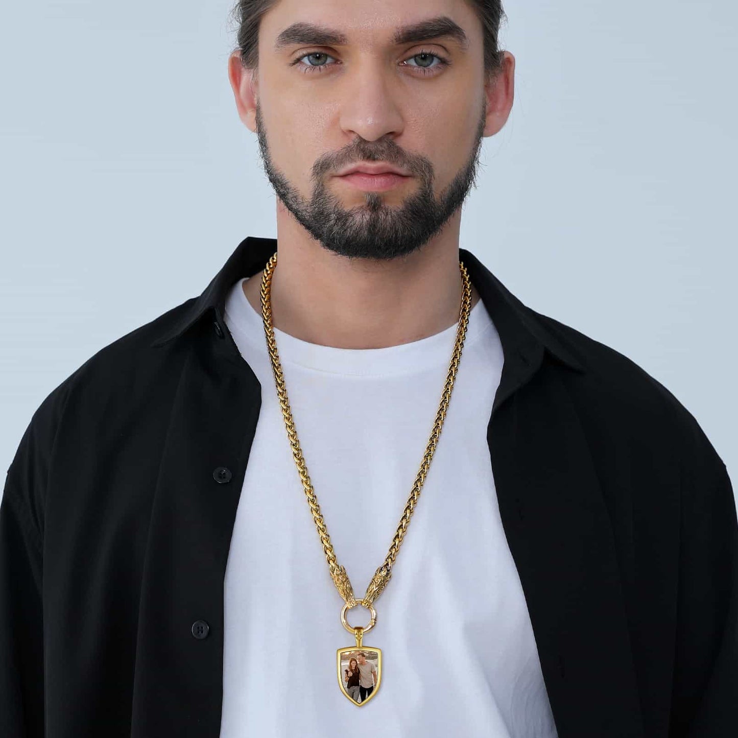 FaithHeart Custom Picture Shield Necklace with Wolf Chain for Men FaithHeart