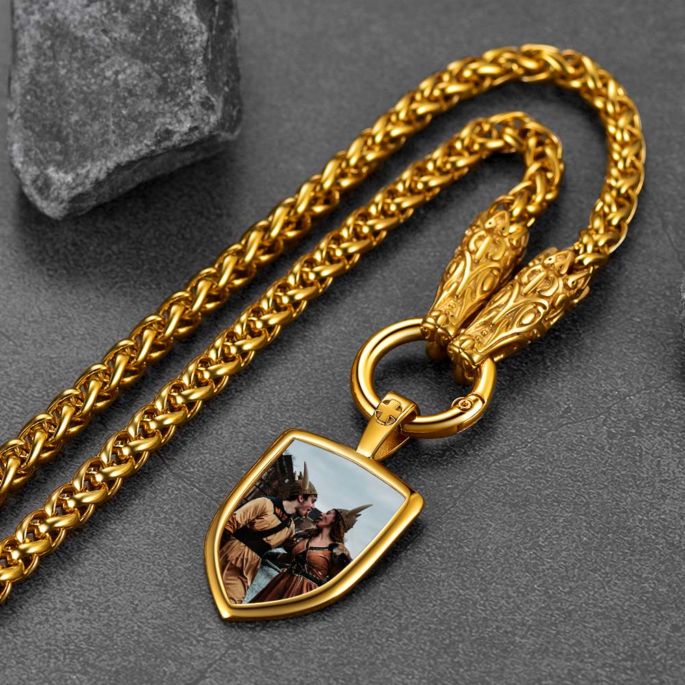 FaithHeart Custom Picture Shield Necklace with Wolf Chain for Men FaithHeart