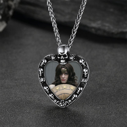 FaithHeart Personalized Heart Shape Photo Engraved Necklace Pendant with Skull FaithHeart
