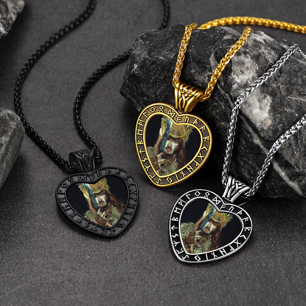 FaithHeart Personalized Photo/Text Engraved Heart Necklace with Rune FaithHeart